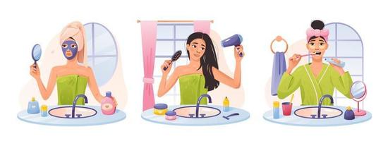 A set of women doing morning hygiene in the bathroom. A set of items for morning feminine hygiene. Self care at home. Young girl during daily hygiene. Cartoon vector illustration.