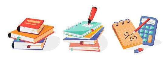 School supplies, books, notebooks, notepad, calculator. A stack of books and notebooks. Office supplies. Back to school. Vector illustration