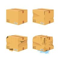 Cartoon broken package. Ripped and wet shipping cardboard packaging vector