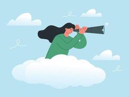 Businesses marketing concept, woman on the clouds using a telescope vector