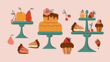 Afternoon tea set with cakes. Birthday party. vector