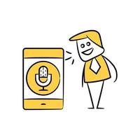 hombre de negocios con control de voz en la ilustración del tema del doodle amarillo del teléfono inteligente vector