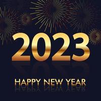 feliz año nuevo 2023 ilustración con fondo negro de fuegos artificiales. plantilla de símbolo de vacaciones. etiqueta vintage con textura dorada. vector