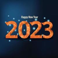 feliz año nuevo 2023. números 3d degradados de colores con polígono y confeti sobre un fondo bokeh colorido y desenfocado. vector