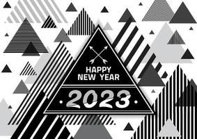 Happy New Year 2023 triangle with geometric multiple abstract shapes on Black Color Background vector