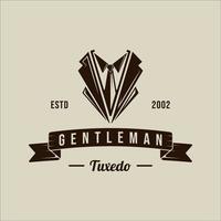 corbata masculina esmoquin logo vector ilustración vintage plantilla icono diseño gráfico. traje caballero signo de moda o símbolo para sastre profesional o diseñador con tipografía estilo retro