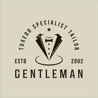 bow tie tuxedo logo vector vintage illustration template icon graphic design. suit gentleman fashion sign or symbol for professional tailor or designer with typography retro style