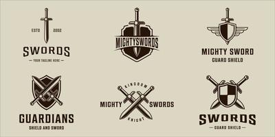 set of sword logo vector vintage illustration template icon graphic design. bundle collection of various blade or saber sign or symbol for guard and shield with typography style