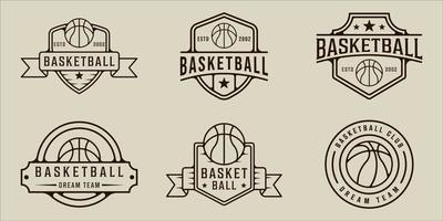 conjunto de logotipo de baloncesto línea arte vector simple ilustración minimalista plantilla icono diseño gráfico. colección de paquetes de varios signos o símbolos deportivos de baloncesto para la liga de equipos o clubes con placa
