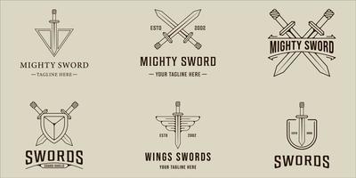 set of sword logo vector line art simple illustration template icon graphic design. bundle collection of various blade or saber sign or symbol for guard and shield concept