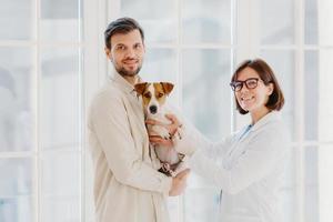 Vet female and male pet owner poses with favourite dog, come to veterinary office or hospital for doctor checkup, stand together indoor against big window, talk to each other, give useful advice photo