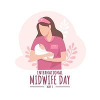 Vector illustration of a midwife holding a baby in her arms. International Midwife Day.