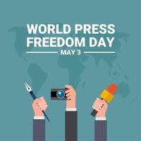 World press freedom day design with hand holding news microphone, pen and camera, on world map background. vector