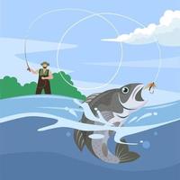 Flying fishing man, throwing bait on river surface, with underwater view, vector illustration.