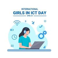 Vector illustration, a girl using a headset working with a laptop, with technology and information icons, as a banner or poster, International Girls in ICT Day.