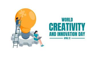 Vector illustration of a bulb and cog, with tiny characters, as a banner, poster or template on world creativity and innovation day.