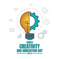 ilustración vectorial de una bombilla y un engranaje, como pancarta, afiche o plantilla en el día mundial de la creatividad y la innovación. vector