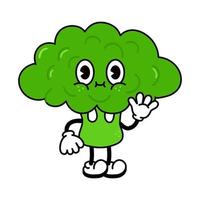 Cute funny broccoli waving hand character. Vector hand drawn traditional cartoon vintage, retro, kawaii character illustration icon. Isolated on white background. Broccoli cabbage character concept