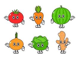 Funny cute happy vegetables characters bundle set. Vector hand drawn cartoon kawaii character illustration icon. Isolated on white background. Cute tomato, watermelon, onion, cabbage, ginger, carrot