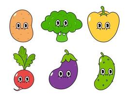 Funny cute happy vegetables characters bundle set. Vector hand drawn cartoon kawaii character illustration icon. Isolated on white background. Cute potato, broccoli, eggplant, radish, pepper, cucumber