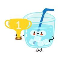 Cute funny glass of water hold gold trophy cup. Vector hand drawn cartoon kawaii character illustration icon. Isolated on white background. Glass of water with winner trophy cup