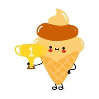 Cute funny ice cream hold gold trophy cup. Vector hand drawn cartoon kawaii character illustration icon. Isolated on white background. Ice cream with winner trophy cup