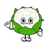 lindo y divertido personaje de mano que agita la coliflor. vector dibujado a mano dibujos animados tradicionales vintage, retro, icono de ilustración de carácter kawaii. aislado sobre fondo blanco. concepto de personaje de coliflor