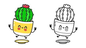 Happy cactus characters bundle set. Vector hand drawn cartoon kawaii character illustration icon. Isolated on white background. Cute cactus mascot character collection. Outline cartoon  coloring book