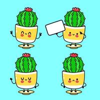 Funny cute happy cactus characters bundle set. Vector kawaii line cartoon style illustration. Cute cactus mascot character collection