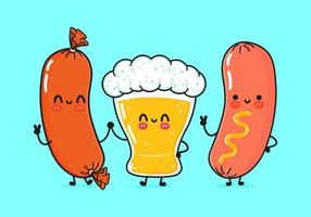 Cute, funny happy glass of beer, sausage and sausage with mustard. Vector hand drawn cartoon kawaii characters, illustration icon. Funny cartoon glass of beer, sausage and sausage with mustard