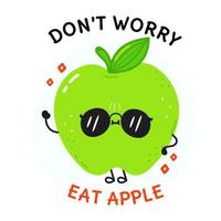 Do not worry eat apple card with cute happy red apple. Vector hand drawn doodle style cartoon character illustration icon design. Card with cute happy red apple