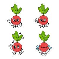 Funny cute radish characters bundle set. Vector hand drawn doodle style traditional cartoon vintage, retro character illustration icon design. Isolated white background. Happy radish mascot character