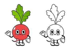 Cute funny radish waving hand character outline cartoon illustration for coloring book. Vector hand drawn traditional cartoon vintage, retro, radish character. Isolated on white background