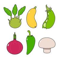 divertido lindo conjunto de personajes de vegetales felices. icono de ilustración de personaje kawaii de dibujos animados dibujados a mano vectorial. bonito tuétano, pimiento, guisantes, champiñón, cebolla roja, coles de bruselas vector