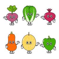 Funny cute happy vegetables characters bundle set. Vector hand drawn cartoon kawaii character illustration icon. Cute radish, chinese cabbage, beet, pumpkin, melon, pepper