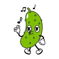 lindo y divertido pepino caminando cantando personaje. vector dibujado a mano dibujos animados tradicionales vintage, retro, icono de ilustración de carácter kawaii. aislado sobre fondo blanco. pepino camina y canta personaje