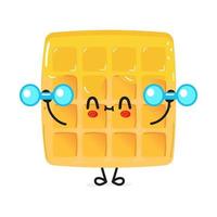 Cute funny waffles character with dumbbells. Vector hand drawn cartoon kawaii character illustration icon. Isolated on white background. Wafer character gym concept