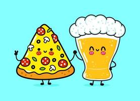 Cute, funny happy glass of beer and pizza. Vector hand drawn cartoon kawaii characters, illustration icon. Funny cartoon glass of beer and pizza mascot friends concept