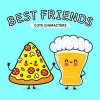 Cute, funny happy glass of beer and pizza. Vector hand drawn cartoon kawaii characters, illustration icon. Funny cartoon glass of beer and pizza mascot character concept