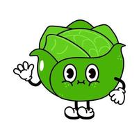 Cute funny cabbage waving hand character. Vector hand drawn traditional cartoon vintage, retro, kawaii character illustration icon. Isolated on white background. cabbage character concept