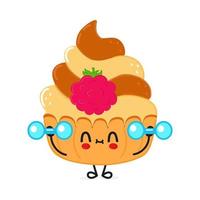 Cute funny cake character with dumbbells. Vector hand drawn cartoon kawaii character illustration icon. Isolated on white background. Cupcake character gym concept