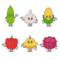divertido lindo conjunto de personajes de vegetales felices. icono de ilustración de personaje kawaii de dibujos animados dibujados a mano vectorial. fondo blanco aislado. bonito tuétano, ajo, maíz, pimiento, calabaza, repollo vector