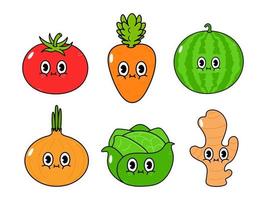 Funny cute happy vegetables characters bundle set. Vector hand drawn cartoon kawaii character illustration icon. Isolated on white background. Cute tomato, watermelon, onion, cabbage, ginger, carrot