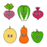 Funny cute happy vegetables characters bundle set. Vector hand drawn cartoon kawaii character illustration icon. Cute radish, chinese cabbage, beet, pumpkin, melon, pepper