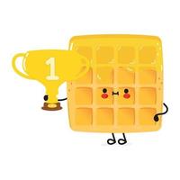 Cute funny wafer hold gold trophy cup. Vector hand drawn cartoon kawaii character illustration icon. Isolated on white background. Waffles with winner trophy cup