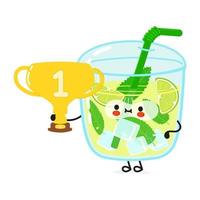 Cute funny mojito hold gold trophy cup. Vector hand drawn cartoon kawaii character illustration icon. Isolated on white background. Mojito with winner trophy cup