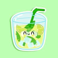 lindo y divertido personaje de pegatina de mojito. icono de ilustración de personaje kawaii de dibujos animados dibujados a mano vectorial. aislado sobre fondo blanco. concepto de personaje de mojito vector