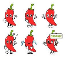 Funny cute chili pepper characters bundle set. Vector hand drawn doodle style traditional cartoon vintage, retro character illustration icon design. Isolated white background. Chili pepper mascot