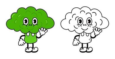 Cute funny broccoli cabbage waving hand character outline cartoon illustration for coloring book. Vector hand drawn traditional cartoon vintage, retro, broccoli character. Isolated on white background