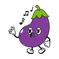 Cute funny eggplant walking singing character. Vector hand drawn traditional cartoon vintage, retro, kawaii character illustration icon. Isolated on white background. Eggplant walk and sing